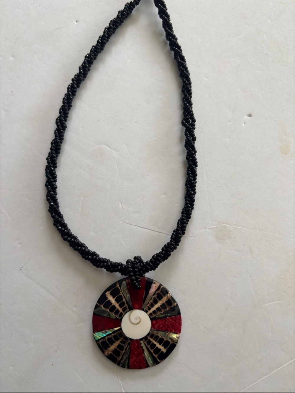 Source Unknown Black Beaded Necklace with Red, Green and Ivory Inlay Pendant - Picture 2 of 6